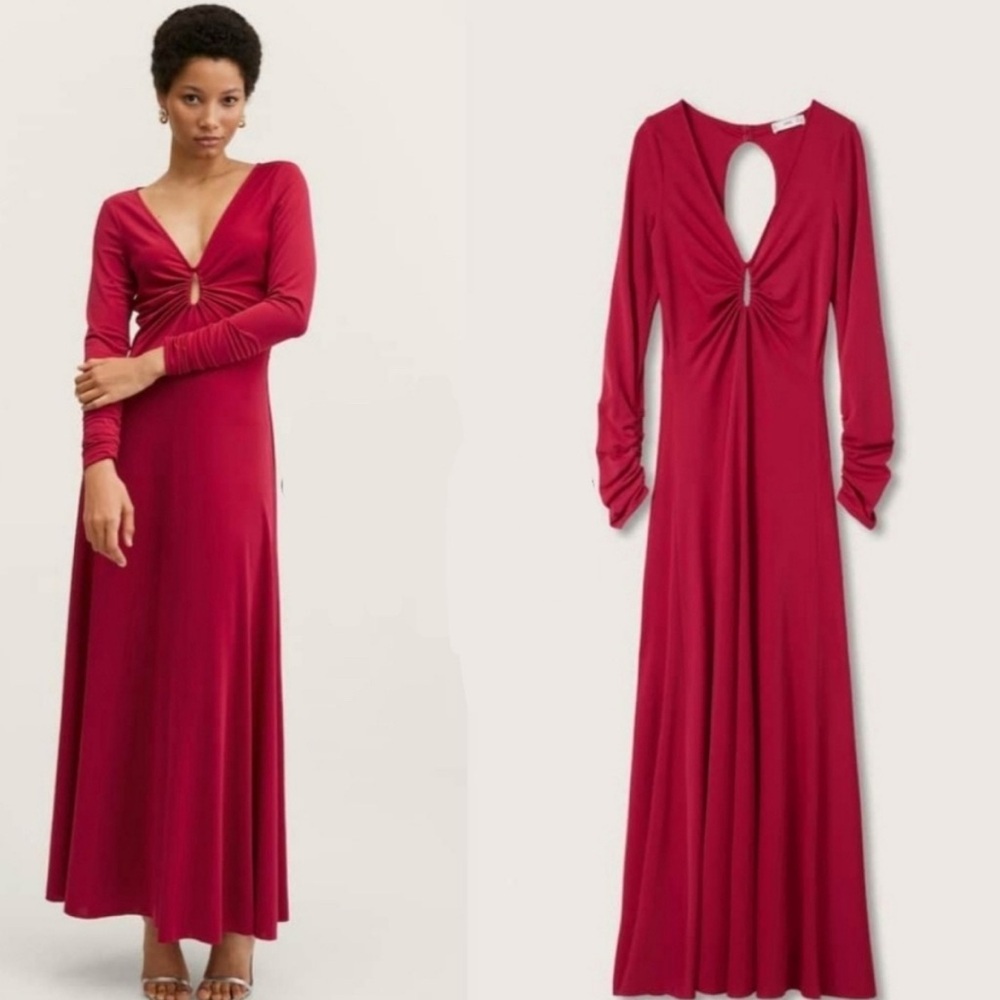 MANGO Red Long Sleeve Maxi Dress